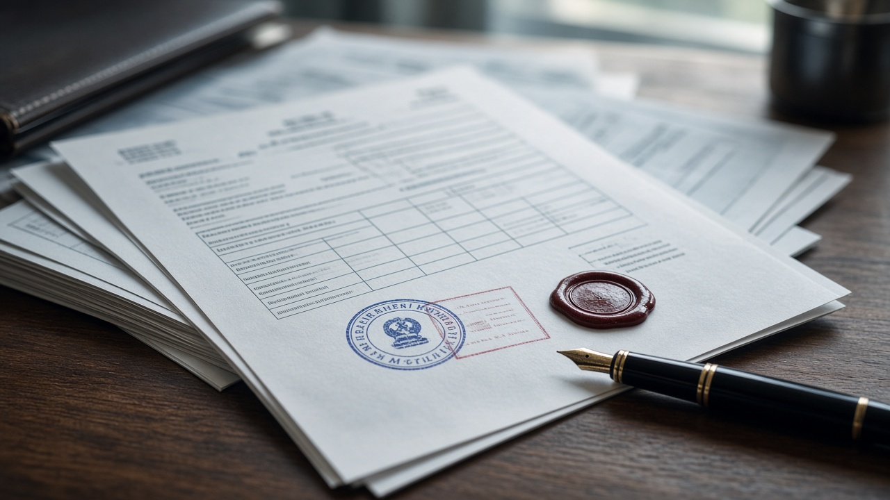 A letter of credit document with bank stamps and official seals on a wooden desk.
