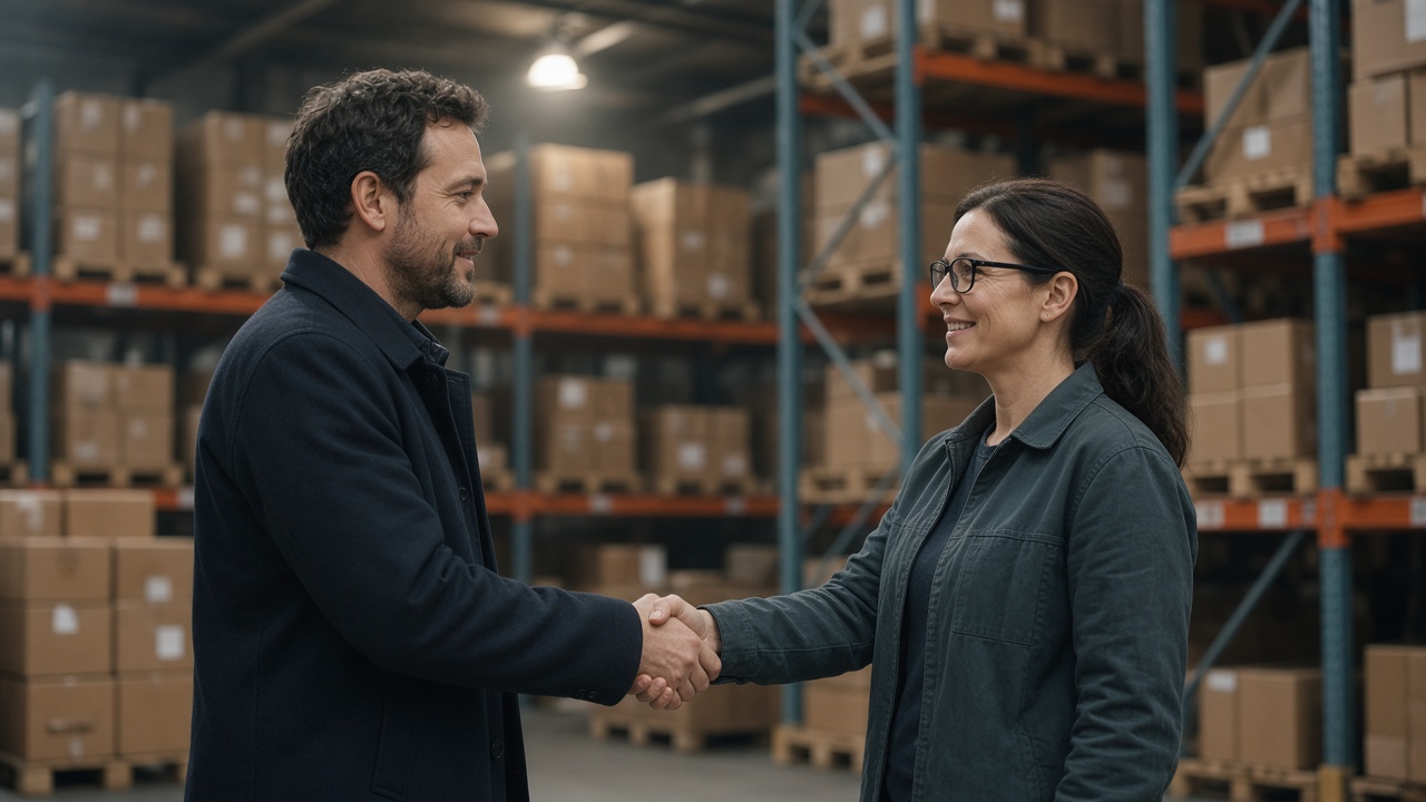 Two people discussing documents in a warehouse, with shipping boxes blurred in the background.