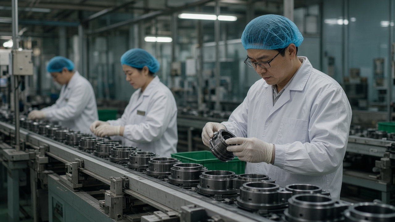 Quality inspectors checking products on a Chinese factory assembly line under warm overhead lighting.