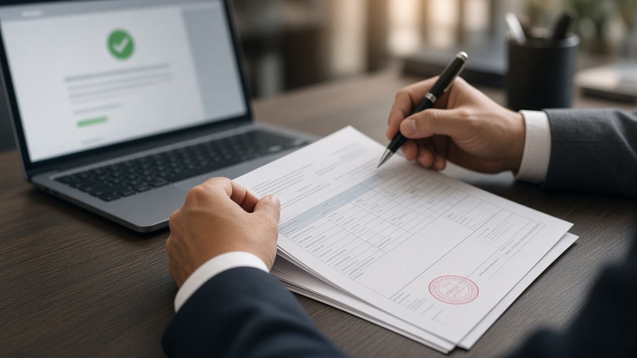 Hands reviewing a purchase order and commercial documents next to a laptop in a warm-lit office.
