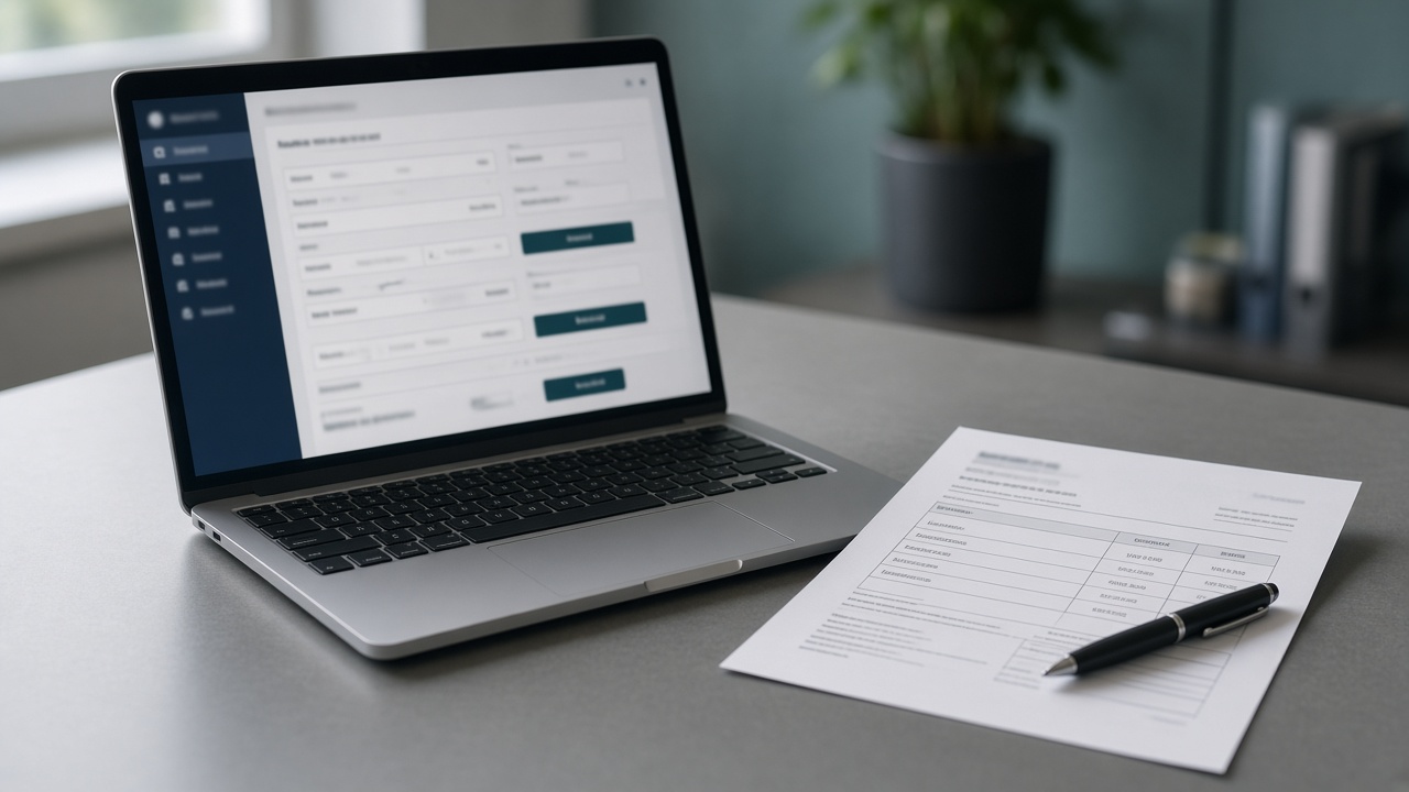 A business professional reviewing wire transfer documents and a contract at a desk, pen in hand.